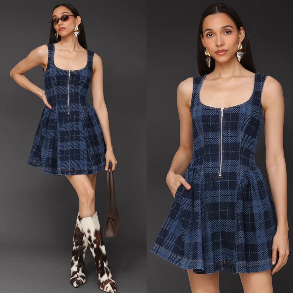 Alec Les Filles plaid half zip drop waist mini dress